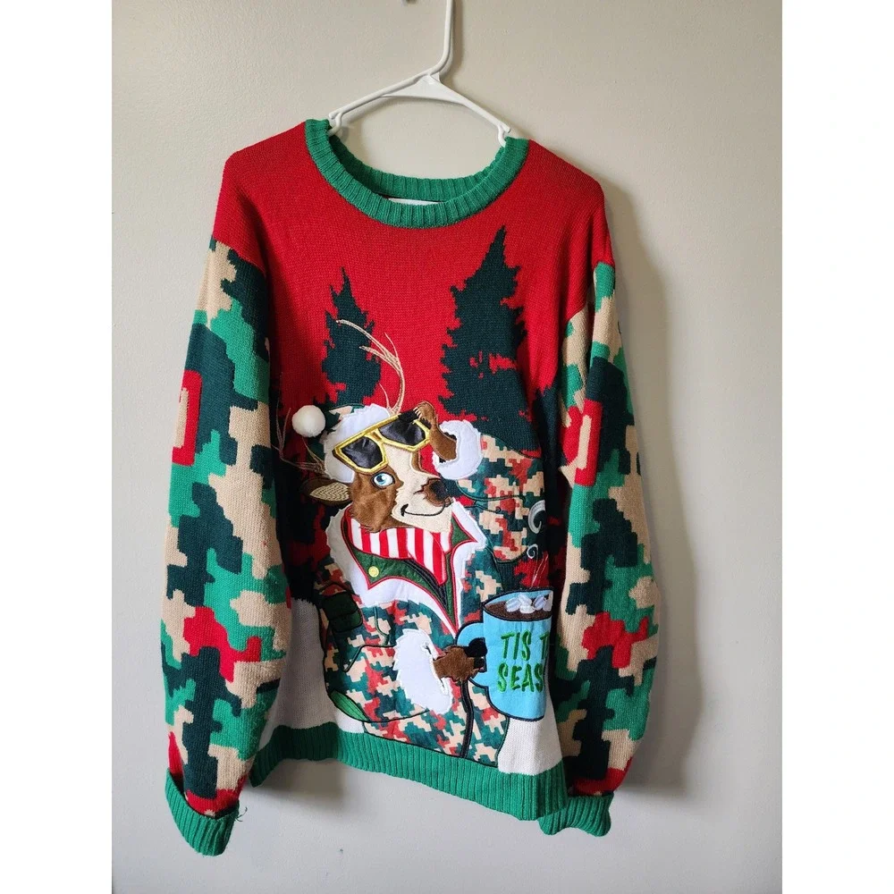 Celebrate Together Reindeer Ugly Christmas Sweater XXL Red Green Camo Tis Season